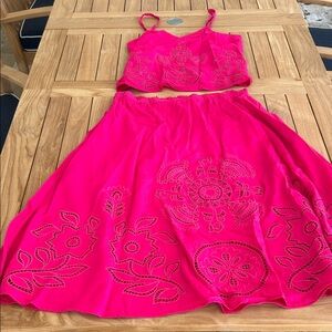 Hot Pink Eyelet Two-Piece Crop Top & Skirt Set
